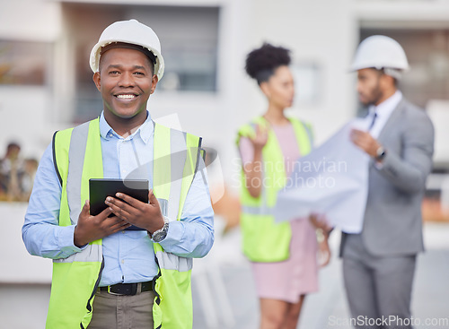 Image of Engineer portrait, tablet and smile of black man at construction site for development in city. Architecture, technology and male architect with touchscreen for maintenance, inspection or research.