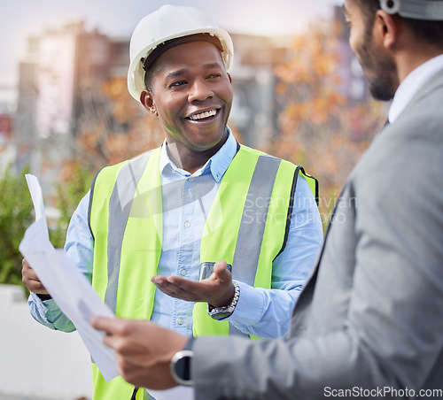 Image of Engineer, men outdoor and blueprints for planning, happiness and real estate development. Architecture, male employees and leader with smile, documents and paperwork for partnership and collaboration