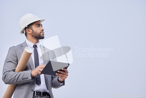Image of Engineer, tablet and man thinking at construction site for development with mockup background. Architecture idea, technology and architect with touchscreen for web, research or internet in studio