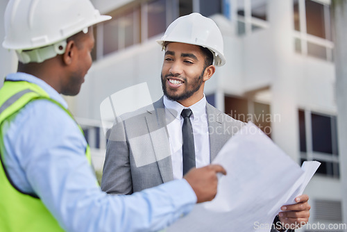 Image of Architect team, men outdoor and blueprints for real estate, city and conversation for collaboration, partnership and deal. Engineer, employees and manager with document, town and construction site