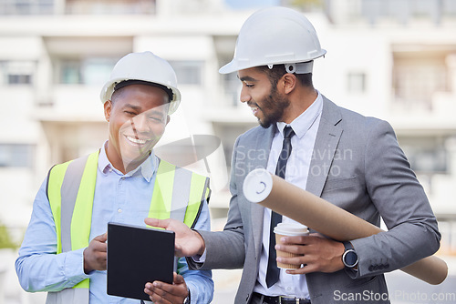 Image of Engineering, teamwork and men with tablet at construction site for development in city. Architecture, collaboration and happy black man, manager or architect people laughing and planning project.