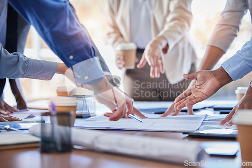 Image of Engineering, teamwork and hands with blueprint planning construction project in office. Collaboration, architecture and group of architects, engineers or people with building design, draft or diagram