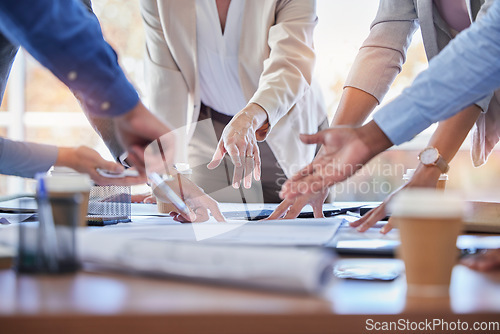 Image of Teamwork, engineering and hands with blueprint planning construction project in office. Collaboration, architecture and group of architects, engineers or people with building design, draft or diagram