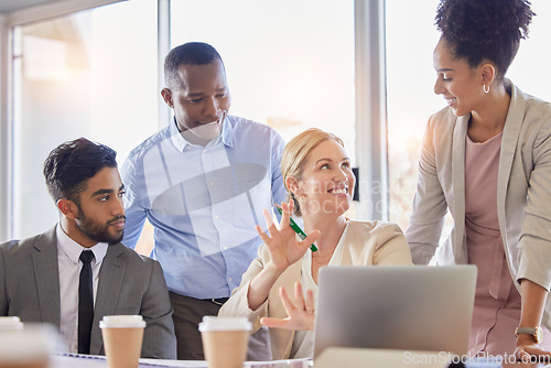 Image of Teamwork, meeting and business people in office laughing, talking or conversation. Collaboration, comic and smile of happy group of employees, friends and women discussing sales project in workplace.