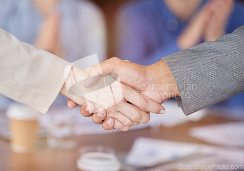 Image of Partnership, handshake and people in meeting for business deal, b2b collaboration or congratulations. Man and woman shaking hands welcome, thank you and agreement or promotion achievement in office