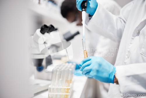 Image of Hands, science and tube for research in laboratory with liquid, medicine or pharma product with gloves. Innovation, medical scientist and chemistry lab for study and future pharmaceutical trial