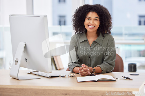 Image of Happy, smile and computer with portrait of black woman in office for proposal, business and corporate project. Technology, internet and professional with employee for email, report and research