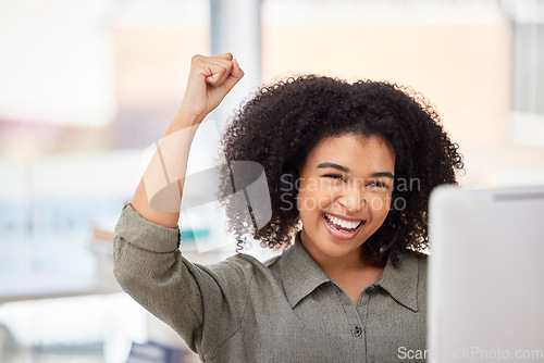 Image of Black woman success celebration on computer in office, happy and excited for winning deal, sales or profit. Good news of businesswoman or female winner with fist pump or yes on desktop pc for target