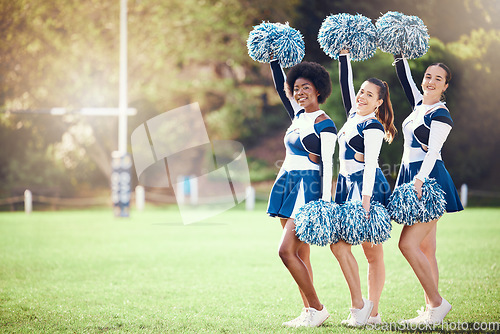 Image of Cheerleader, training or students in cheerleading team on a outdoor stadium field for fitness exercise. Athlete group, college sports or happy girls game ready for cheering, match or event together