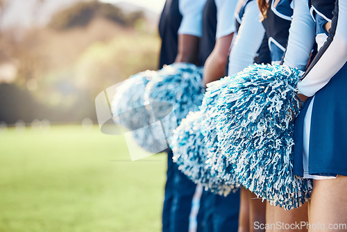 Image of Cheerleader fitness, training and students in cheerleading uniform on a outdoor field. Athlete group back, college sport collaboration and game cheer prep ready for cheering, stunts and pompoms