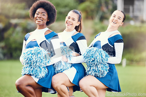 Image of Cheerleader group portrait, field and women together for teamwork, sports and motivation in sunshine. Girl, team and fitness with diversity, support and solidarity with balance, muscle and exercise