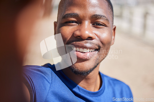 Image of Selfie, fitness and smile with portrait of black man for running, wellness and happiness. Social media, influencer and photography with male jogger in outdoors for picture, exercise and training