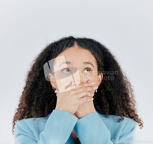 Image of Woman, studio and shocked or omg surprise emoji with on face with hands on mouth. Female person with hand gesture for thinking of idea or fear for gossip or mistake isolated on a white background