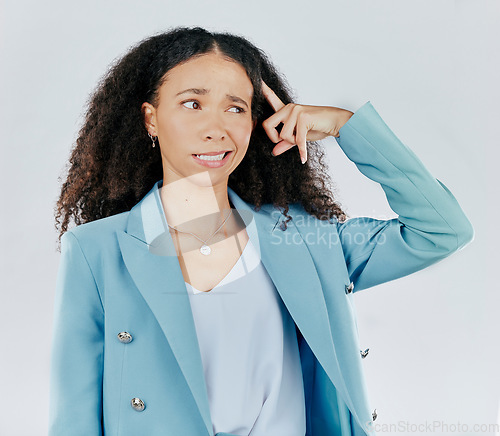 Image of Business woman, thinking and confused in studio with face emoji for idea . Entrepreneur female person face or emotion with hand on head to think, doubt or remember memory isolated on white background