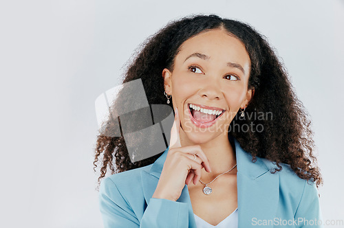 Image of Woman, thinking and excited with idea in studio with face emoji. Female, business person and happy emotion with hand to think, planning or for mockup space choice isolated on a white background