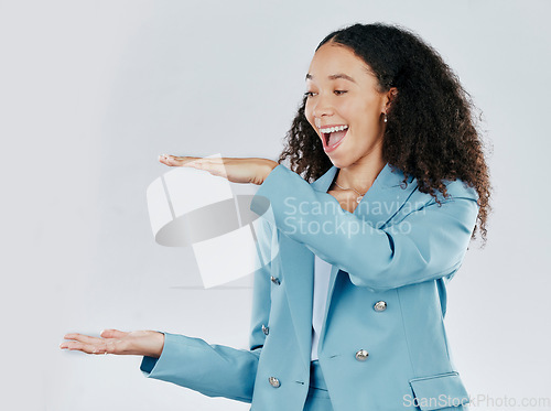 Image of Business woman, studio and hand or space for surprise product placement, sale or promotion. Happy female show wow hands gesture for mockup size, branding or advertising isolated on a white background