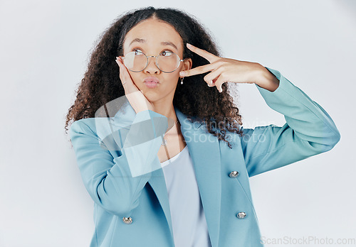 Image of Business woman, studio and peace sign or emoji with glasses and surprise, shocked or wow face. Entrepreneur female person with hand gesture for support or thinking and isolated on a white background