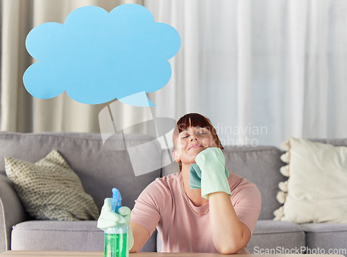 Image of Woman, housekeeping and thinking with speech bubble dreaming or wondering with detergent in living room at home. Happy thoughtful female cleaner contemplating social media for cleaning and hygiene