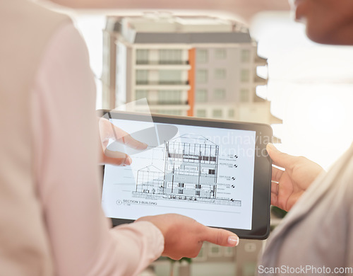 Image of Architect, hands and tablet in construction planning, 3D model or design strategy for industrial architecture at office. Hand of engineering team in meeting on touchscreen for blueprint building plan