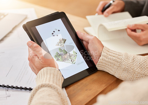 Image of Architect, hands and tablet in construction planning with digital model or design strategy for industrial architecture at office. Hand of engineer with touchscreen display of layout for building plan