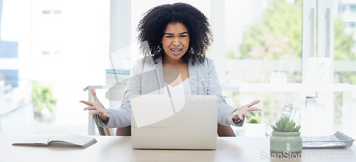 Image of Annoyed business woman, laptop or stress in financial planning failure, crisis or investment fraud. Frustration, angry or corporate worker on technology with 404 glitch, finance scam or phishing risk