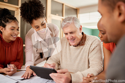 Image of Digital tablet, teamwork and business people in a meeting in the office boardroom planning a project. Collaboration, diversity and team working on a company strategy with mobile device in workplace.