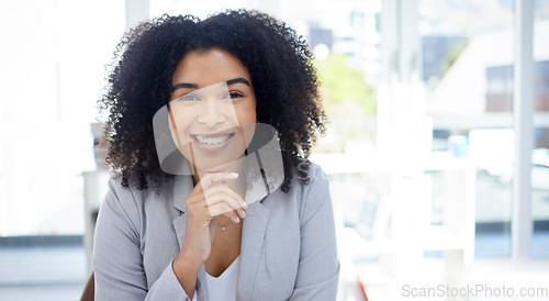 Image of Happy, confident and portrait of a woman at work for success, executive job and corporate professional. Smile, pride and employee at an agency for business, career successful with mockup space