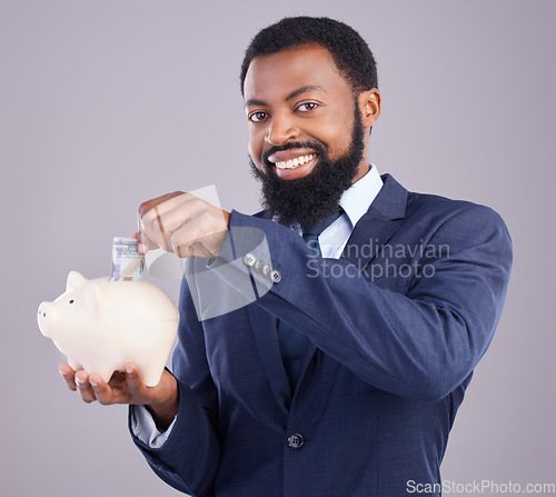 Image of Black man, piggy bank and portrait smile in finance, budget or savings against a white studio background. Happy African American businessman holding cash and money pot for financial investment plan