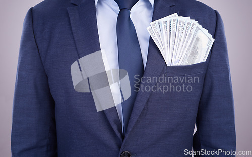 Image of Wealth, bonus and businessman with money in a suit isolated on a white studio background. Rich, finance and a corporate employee with cash from an investment, payment or salary in accounting