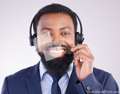 Image of Call center, customer service and portrait of black man, studio and consulting questions on microphone. Happy male model, telemarketing consultant and contact of telecom sales, smile and crm advisor