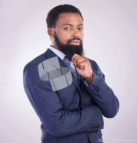 Image of Portrait, confidence and African businessman in studio with business mindset isolated on white background. Success, pride and confident black man in suit with office job, leader in corporate Africa.