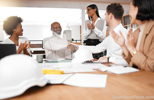 Image of Handshake, meeting and team of engineering people clapping, celebration and partnership success, goals or onboarding. Architecture employees shake hands for design project, contract or job thank you