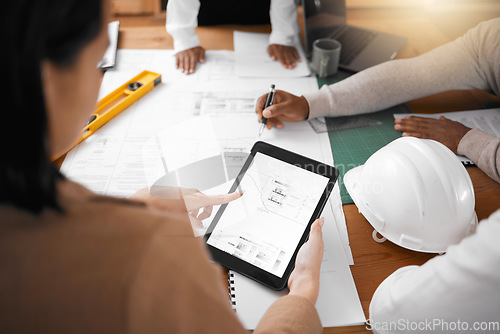 Image of Tablet, floor plan and engineering people planning, project management and teamwork for design illustration. Architecture group or team hands collaboration on digital screen of blueprint construction