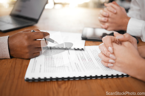 Image of Hands, signing and couple with lawyer and contract for marrriage, mortgage or insurance. Legal, investment and a man and a woman with an advisor and paperwork for an agreement, service and compliance