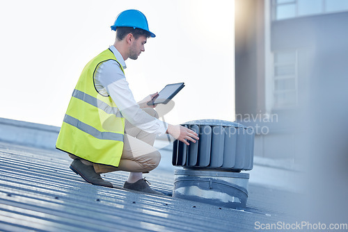 Image of Engineering, tablet and man engineer on a roof to inspect, fix or do maintenance on an outdoor fan. Technology, research and male industrial worker or handyman working with mobile device on building.