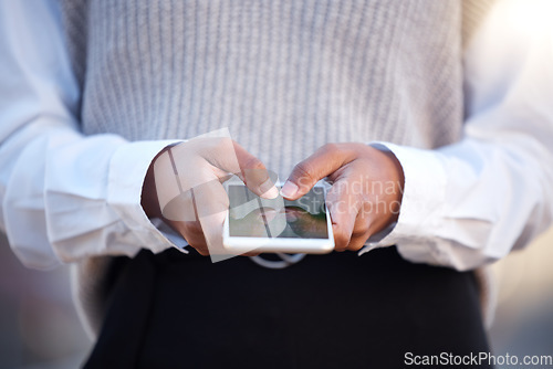 Image of Woman, hands and phone typing in communication, social media or business chat in the outdoors. Closeup hand of female employee chatting on mobile smartphone with 5G connection for networking outside