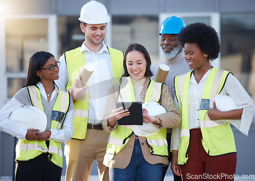 Image of Engineering, tablet and people planning, teamwork and collaboration for project management design of blueprint. Construction worker, contractor or architecture manager and team on digital technology