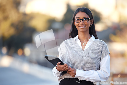 Image of Portrait, tablet and a business woman in city during the day, ready for corporate success with mockup. Research, networking and 5g technology with a young female employee outdoor in an urban town