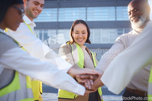 Image of Hands stacked, teamwork and engineering people for support, collaboration and project mission in urban planning. Architecture group or team with hands together sign, job or construction worker goals