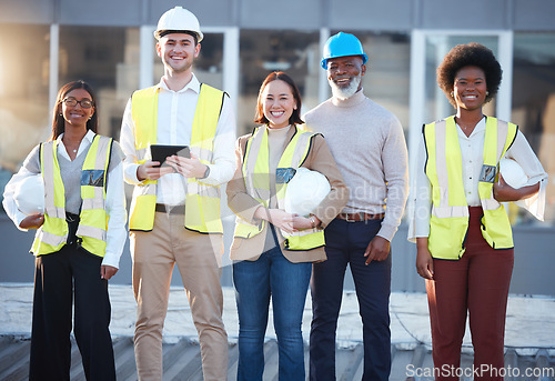 Image of Group portrait of construction worker people, engineering or contractor team for career mindset, industry and building goals. Face of diversity employees and manager, industrial builder or architect