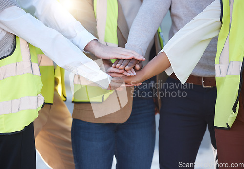Image of Teamwork, hands stacked and architecture people for support, collaboration and project mission in industrial planning. Group of engineering team with together hand sign for construction worker goals