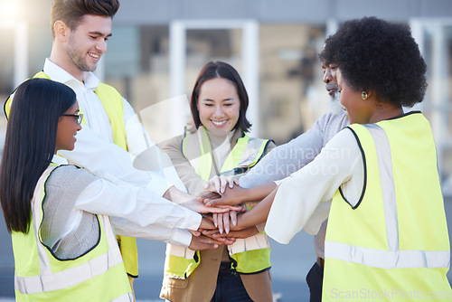 Image of Teamwork, hands stacked and engineering people for support, collaboration and project mission in industrial diversity. Group of architecture team in together hand sign for construction worker goals