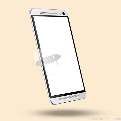 Image of Phone, screen and mockup for digital advertising or marketing against a studio background. Mobile smartphone display with copy space for advertisement, network app or logo branding and communication