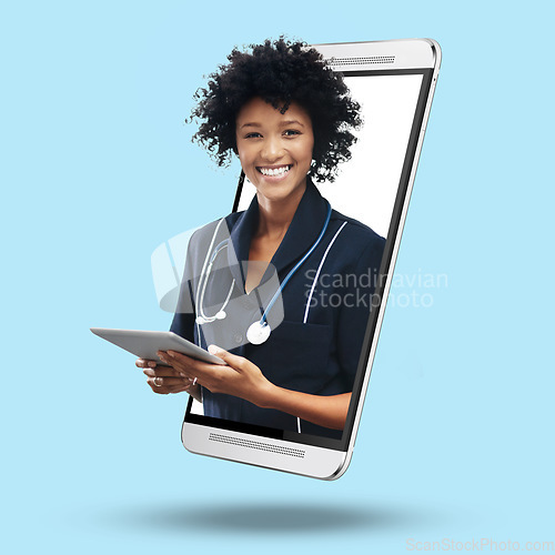 Image of 3d telehealth doctor, phone and online with screen, tablet and portrait for app by blue background. Medic woman, face or smile for healthcare, advice or communication on internet for virtual service