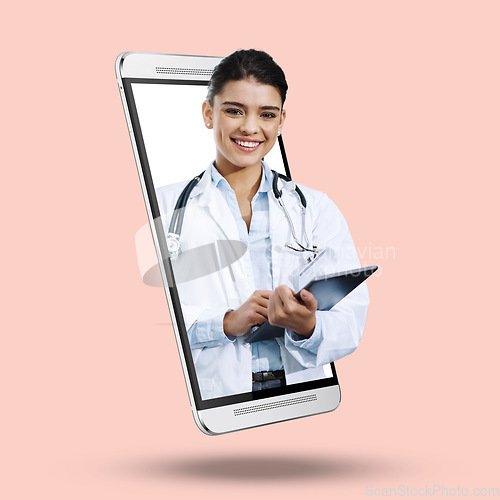 Image of Woman, doctor and tablet on mockup screen for healthcare,, advertising or marketing against a studio background. Portrait of happy female medical expert smile with touchscreen from smartphone display