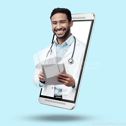 Image of Asian man, doctor and tablet on mockup screen for healthcare, advertising or marketing against studio background. Portrait of happy male medical expert smile with touchscreen from smartphone display