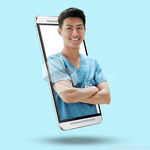 Image of Phone, portrait and doctor on a healthcare app in a studio with 3d display on a mobile screen. Technology, online and asian male medical worker standing in a cellphone isolated by a blue background.