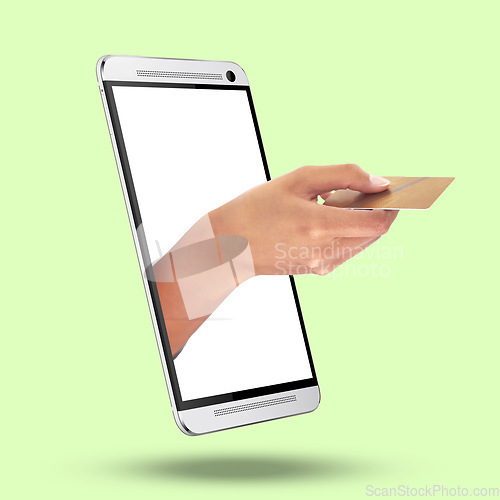 Image of Hands, phone and credit card on mockup screen for ecommerce or online shopping against studio background. Hand of shopper in mobile banking app on smartphone display for electronic transaction