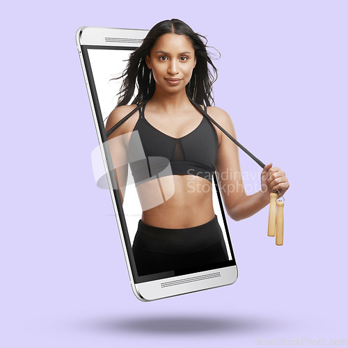 Image of Woman, phone and screen on mockup for fitness, advertising or marketing against a studio background. Portrait of active fit female with skipping rope on mobile smartphone display for advertisement