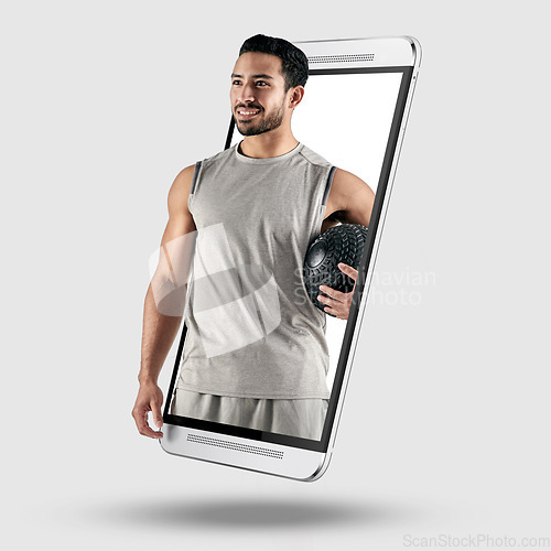 Image of Phone, fitness and sports with a coaching app in studio on a gray background for training or routine. Display, 3D and interactive with a personal trainer on a smartphone screen for an online workout